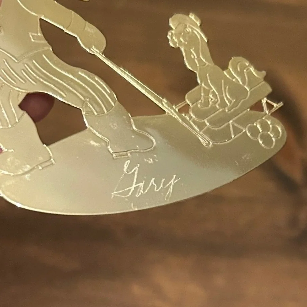 Vintage Gold Christmas Tree Ornament Boy Pulling Dog Sled Gift‎ Engraved Gary